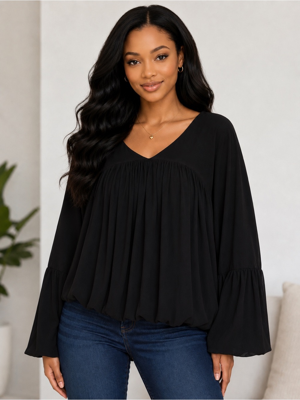 GRACIA Blouse Women’s Medium Black Sheer V-Neck High Low Hem Balloon Sleeve Top